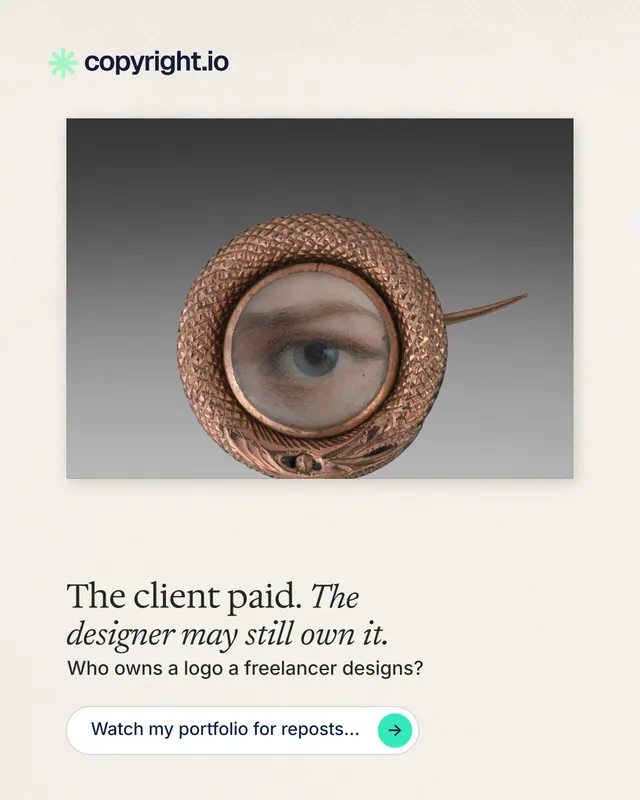 Instagram portrait post for copyright.io: "The client paid. The designer may still own it." Agentic glass style, bottom layout, light palette in white, grey.