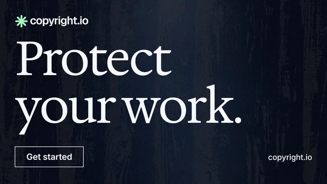 Landscape graphic for copyright.io: "Protect your work." Dark deco style, poster layout, dark palette in blue, black, grey.