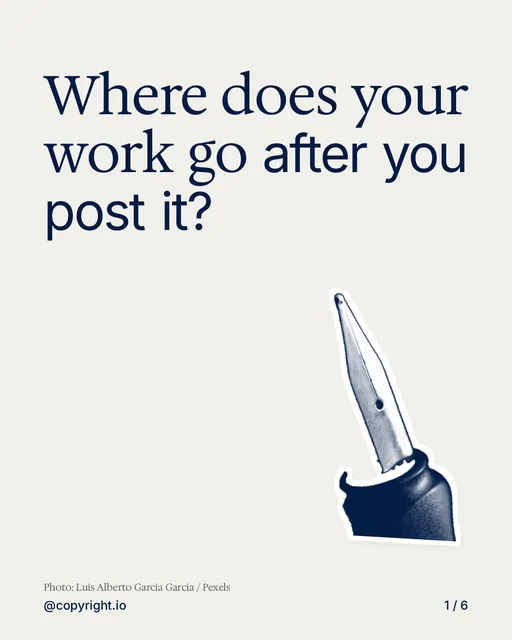 Carousel for copyright.io: "Where does your work go after you post it?". Cutout essay, 6 slides, light palette.