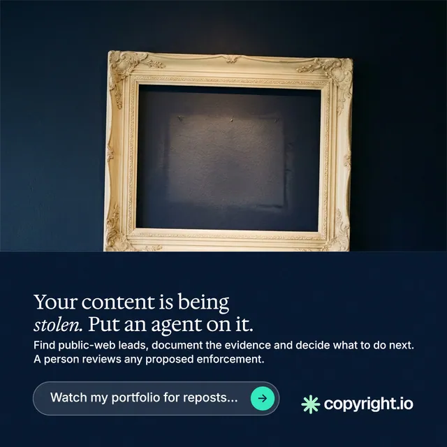 Instagram post for copyright.io: "Your content is being stolen. Put an agent on it." Agentic glass style, bottom layout, dark palette in black, blue, grey.