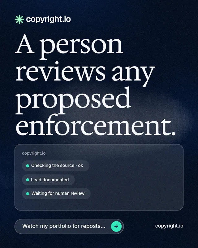 Instagram portrait post for copyright.io: "A person reviews any proposed enforcement." Thermal style, poster layout, dark palette in blue, black, grey.