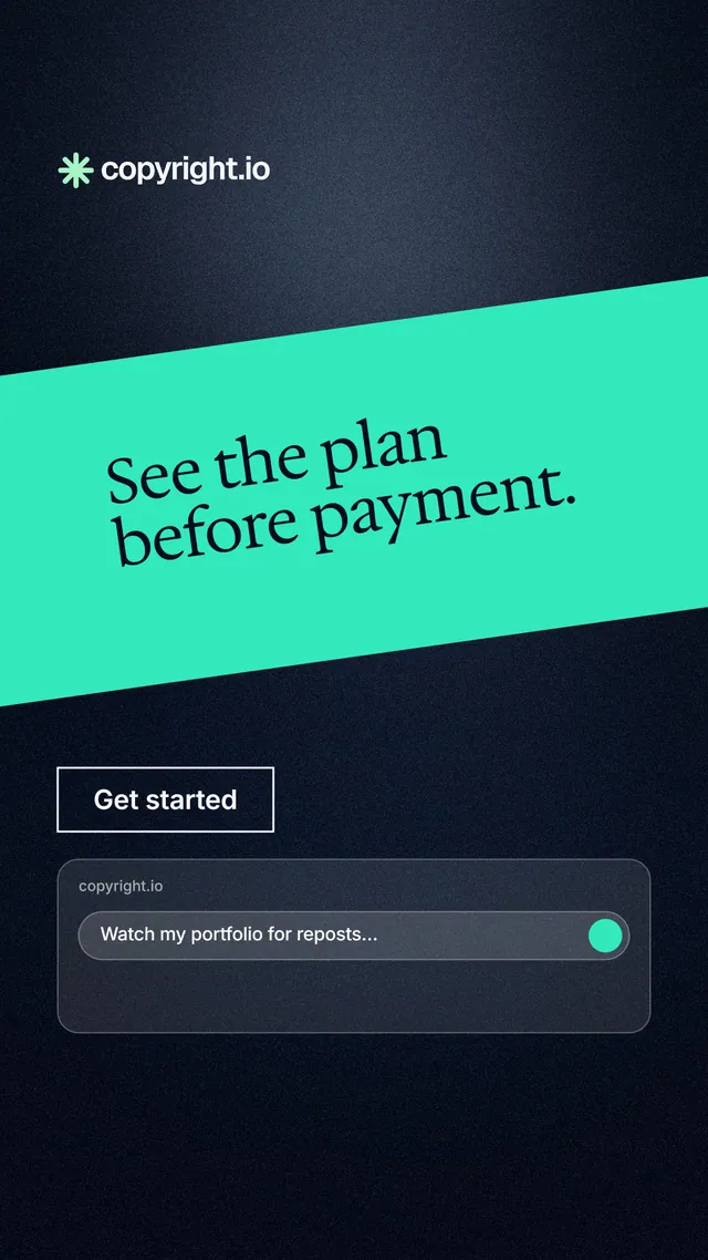 Instagram story for copyright.io: "See the plan before payment." Dark deco style, diagonal layout, dark palette in teal, black, blue.