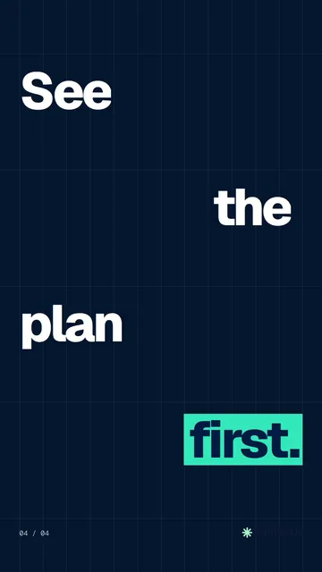 Video for copyright.io: "See the plan first.". Kinetic type grid, 6.0 s, dark palette.