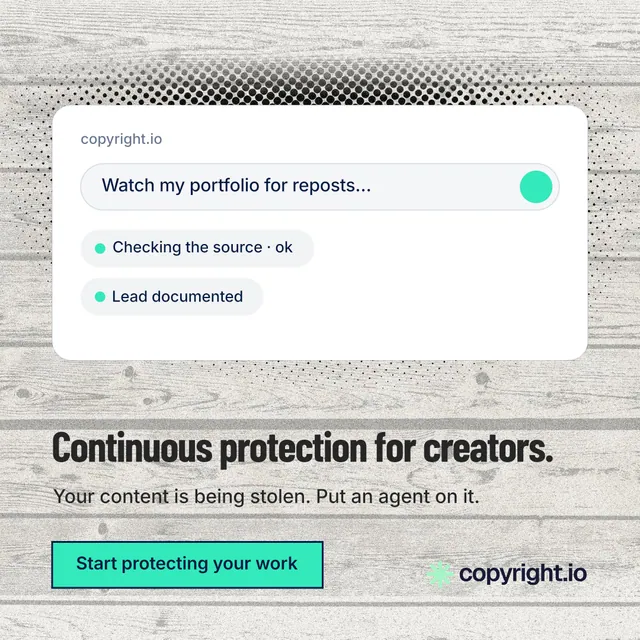 Instagram post for copyright.io: "Continuous protection for creators." Ink sticker style, bottom layout, light palette in white, grey.