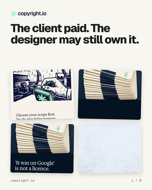 Carousel for copyright.io: "The client paid. The designer may still own it.". Collection carousel, 8 slides, light palette.