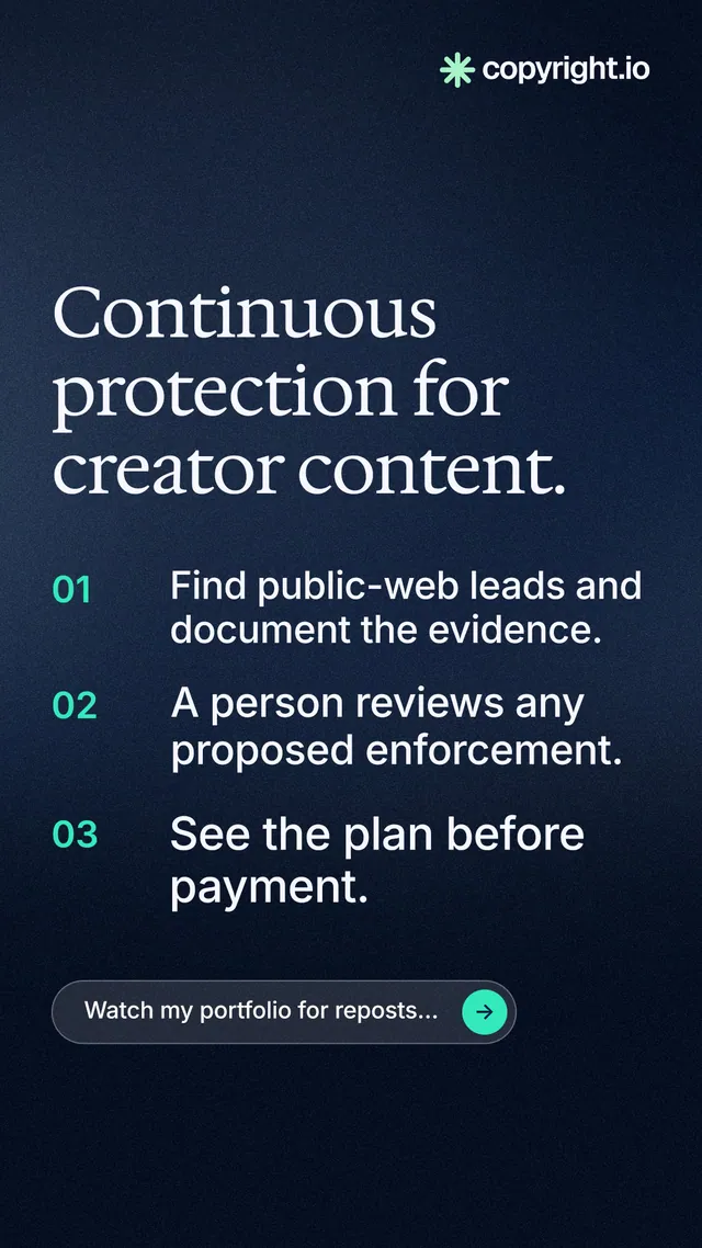 Instagram story for copyright.io: "Continuous protection for creator content." Agentic glass style, numbered layout, dark palette in blue, black.