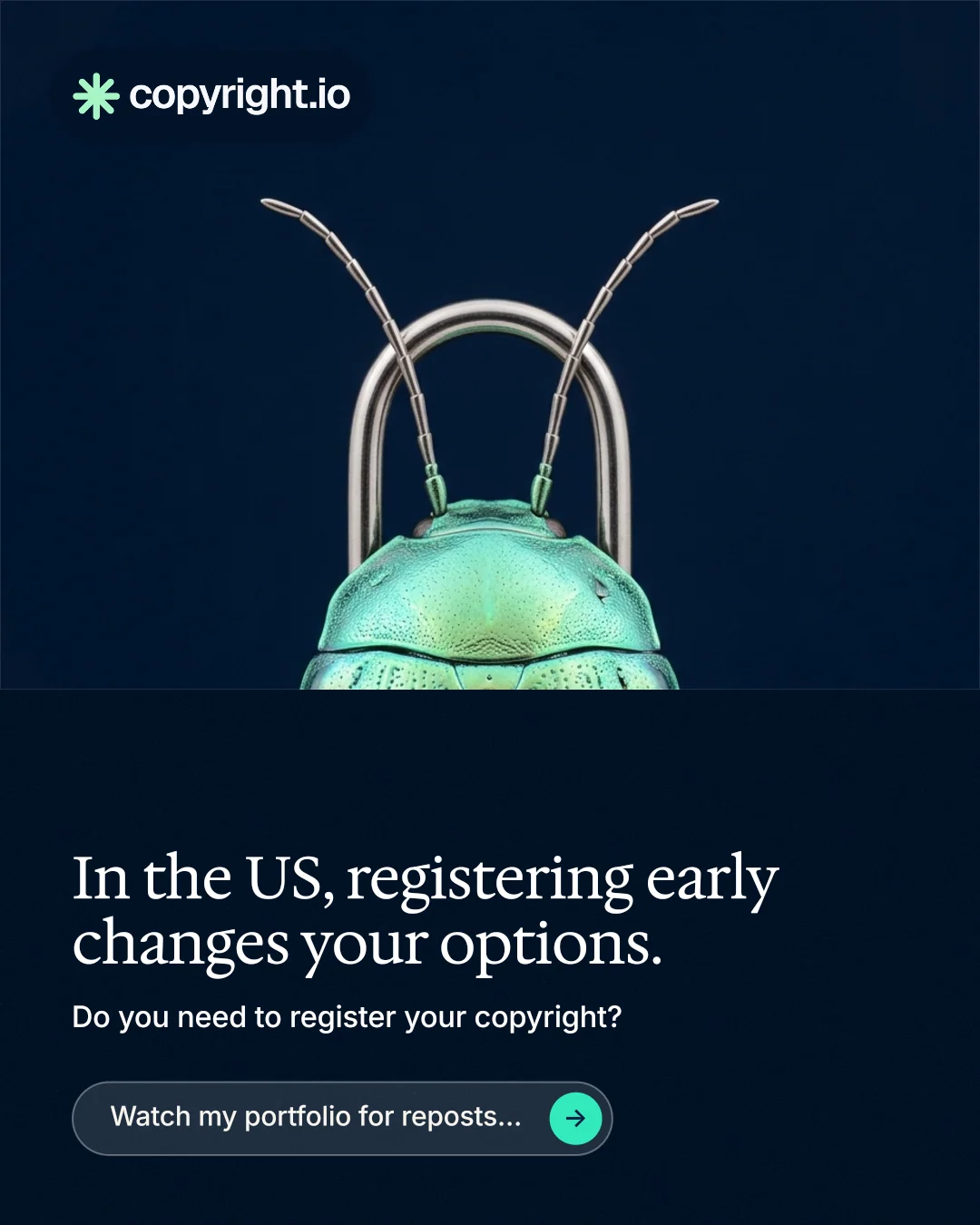 Instagram portrait post for copyright.io: "In the US, registering early changes your options." Agentic glass style, bottom layout, dark palette in black, blue.