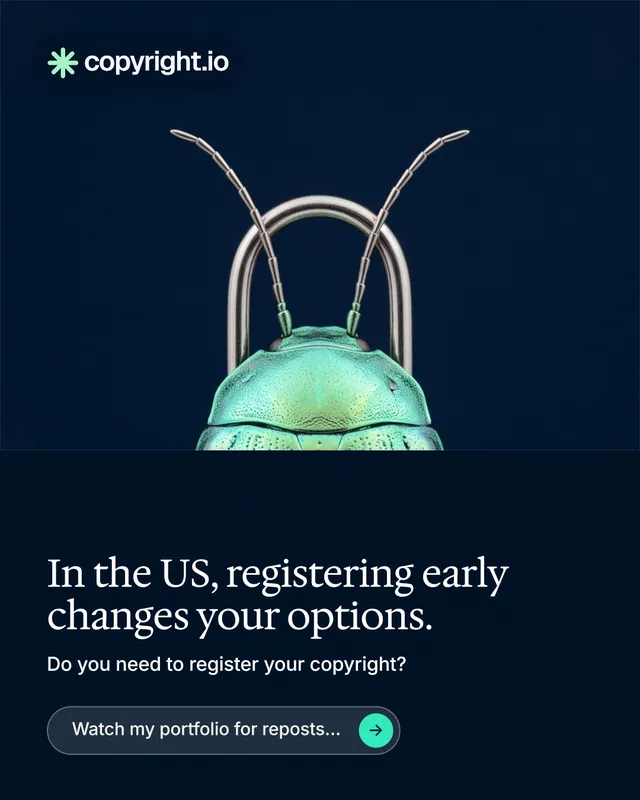 Instagram portrait post for copyright.io: "In the US, registering early changes your options." Agentic glass style, bottom layout, dark palette in black, blue.