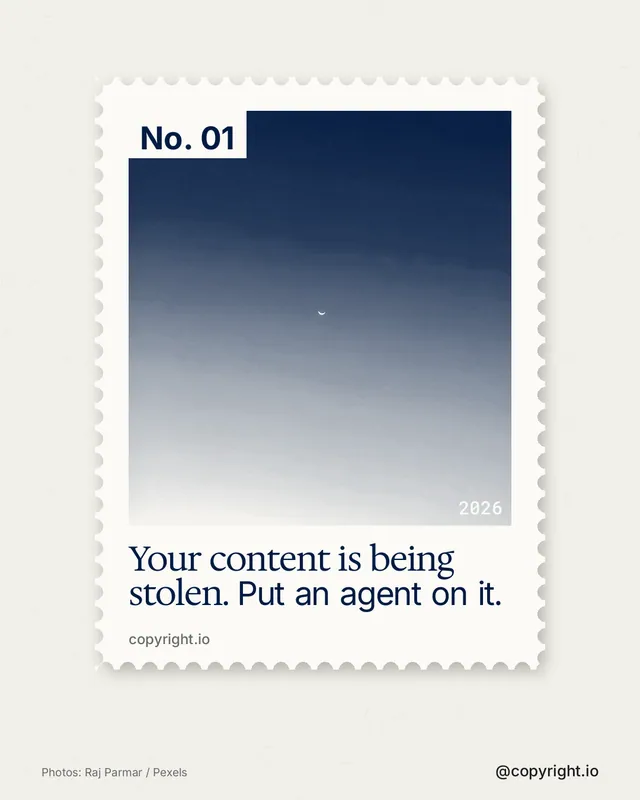 Instagram portrait post for copyright.io: "Your content is being stolen. Put an agent on it." Single style, technique:stamp series layout, light palette in white, blue.