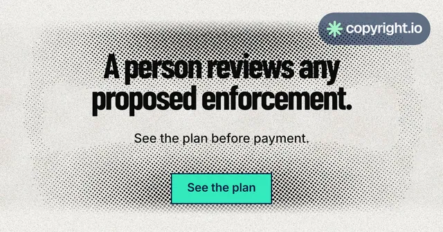 Social ad for copyright.io: "A person reviews any proposed enforcement." Ink sticker style, centred layout, light palette in white, grey.