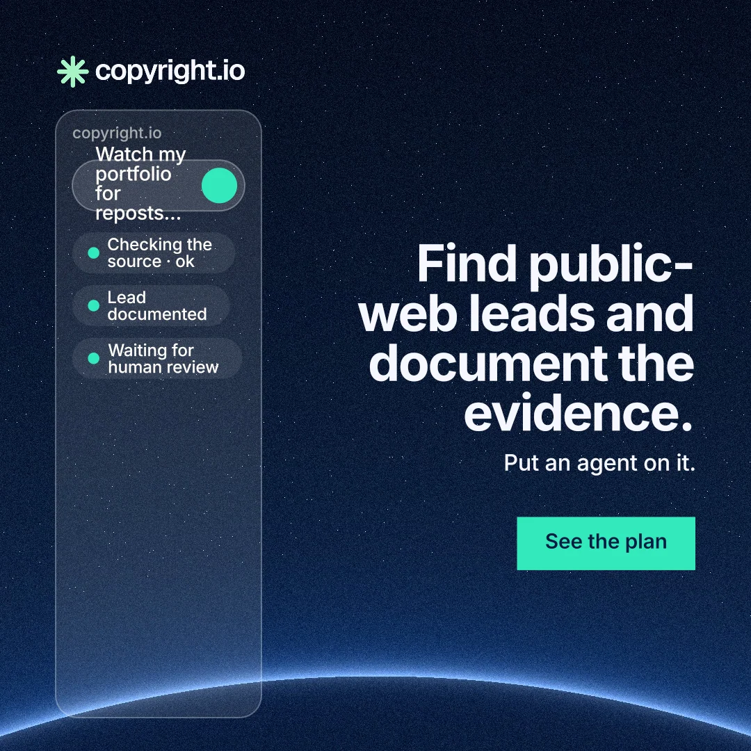 Instagram post for copyright.io: "Find public-web leads and document the evidence." Swiss style, right layout, dark palette in blue, black.
