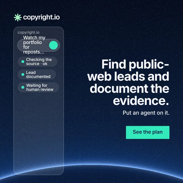Instagram post for copyright.io: "Find public-web leads and document the evidence." Swiss style, right layout, dark palette in blue, black.