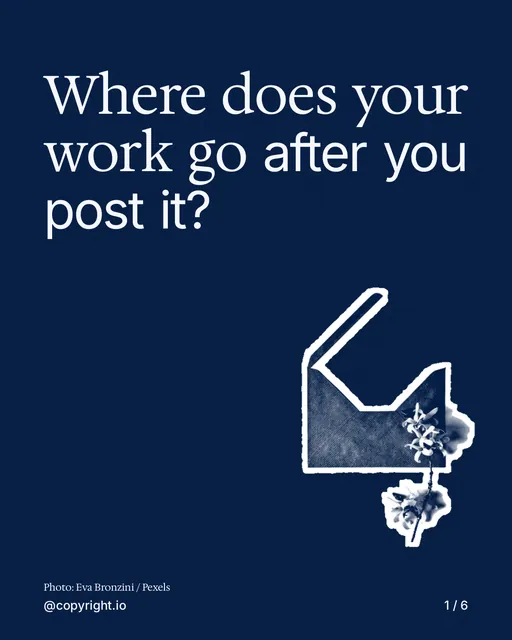 Carousel for copyright.io: "Where does your work go after you post it?". Cutout essay, 6 slides, dark palette.