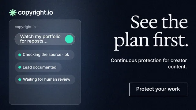 Landscape graphic for copyright.io: "See the plan first." Dark deco style, right layout, dark palette in blue, grey, black.