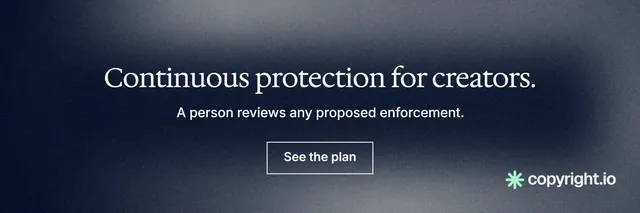 X header for copyright.io: "Continuous protection for creators." Cyanotype style, centred layout, dark palette in black, grey, blue.