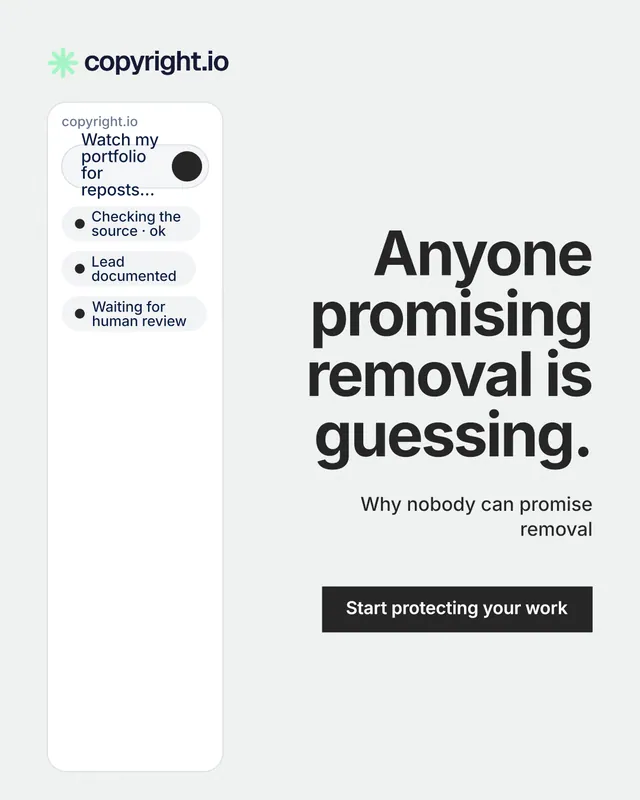 Instagram portrait post for copyright.io: "Anyone promising removal is guessing." Swiss style, right layout, light palette in white, grey.