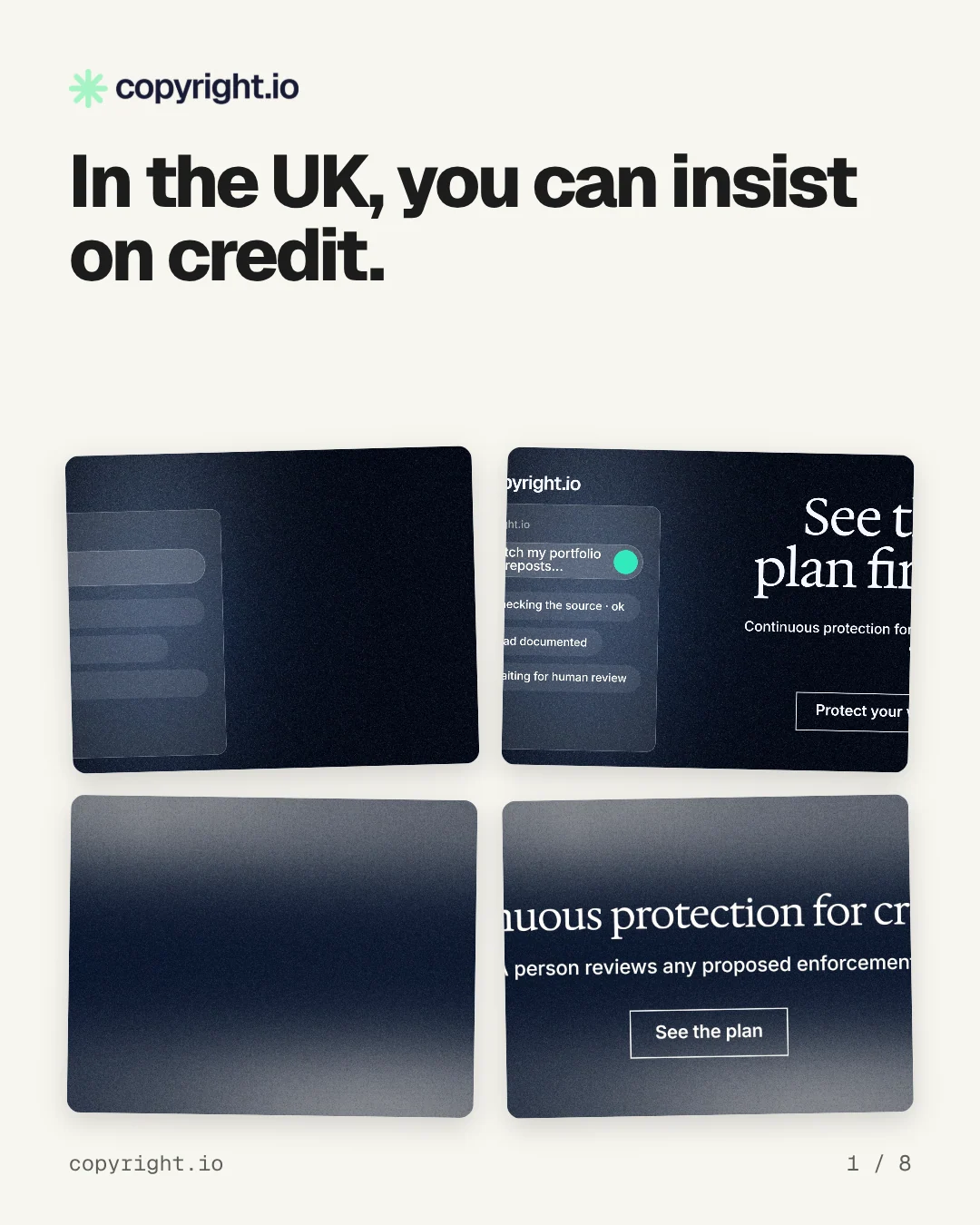 Carousel for copyright.io: "In the UK, you can insist on credit.". Collection carousel, 8 slides, light palette.