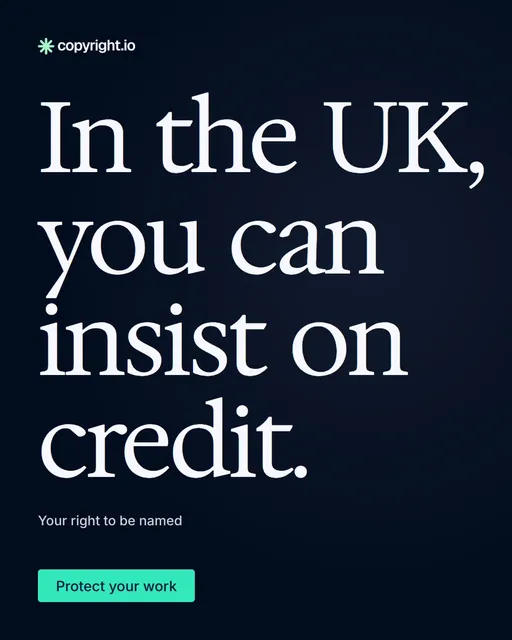 Video for copyright.io: "In the UK, you can insist on credit.". Doc motion loop, 6.0 s, dark palette.