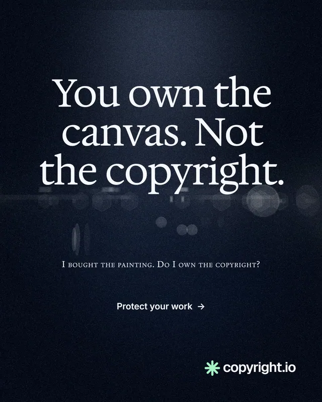 Instagram portrait post for copyright.io: "You own the canvas. Not the copyright." Dark deco style, smallcaps layout, dark palette in black, grey.
