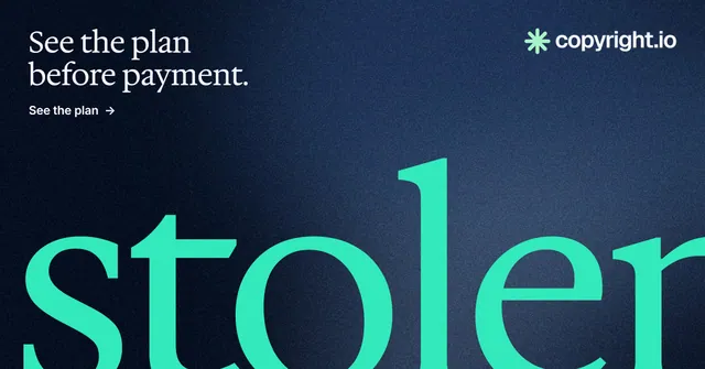 Social ad for copyright.io: "See the plan before payment." Agentic glass style, ogword layout, dark palette in blue, black, teal.