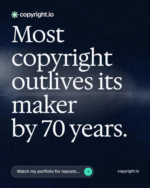 Instagram portrait post for copyright.io: "Most copyright outlives its maker by 70 years." Thermal style, poster layout, dark palette in blue, black, grey.