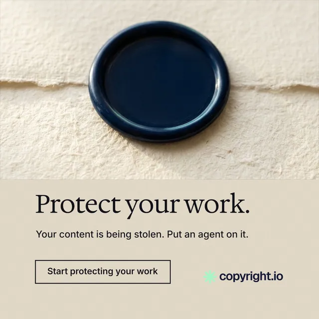 Instagram post for copyright.io: "Protect your work." Editorial style, bottom layout, light palette in orange, yellow, grey.