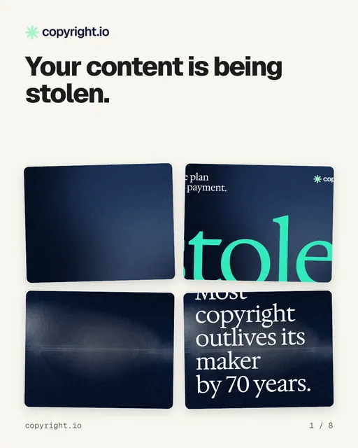 Carousel for copyright.io: "Your content is being stolen.". Collection carousel, 8 slides, light palette.