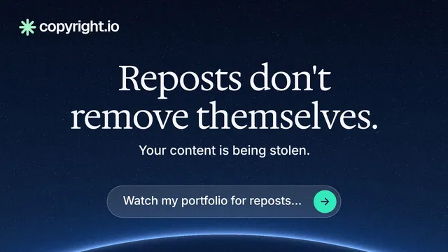 Landscape graphic for copyright.io: "Reposts don't remove themselves." Agentic glass style, centred layout, dark palette in black, blue.