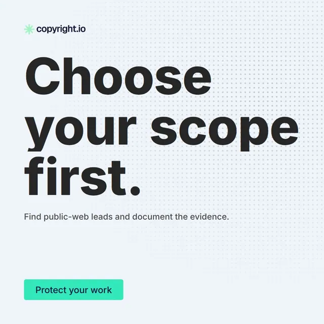 Video for copyright.io: "Choose your scope first.". Doc motion loop, 8.0 s, light palette.