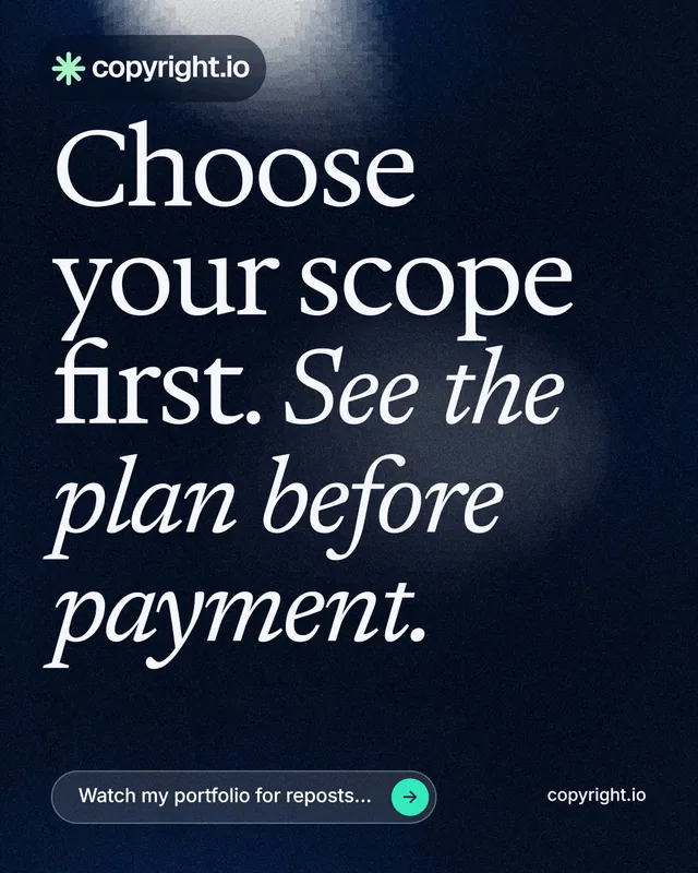 Instagram portrait post for copyright.io: "Choose your scope first. See the plan before payment." Thermal style, poster layout, dark palette in black, blue, grey.