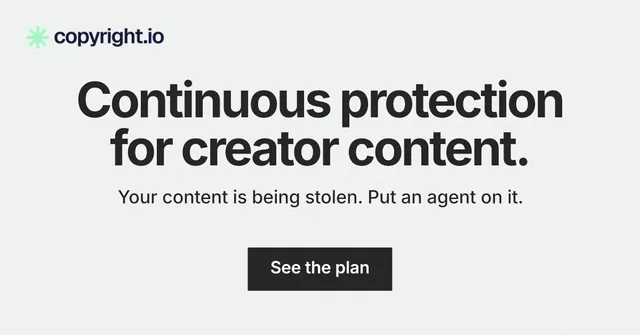 Social ad for copyright.io: "Continuous protection for creator content." Swiss style, centred layout, light palette in white, grey.