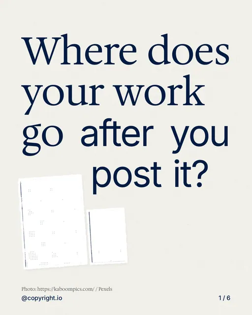 Carousel for copyright.io: "Where does your work go after you post it?". Cutout essay, 6 slides, light palette.
