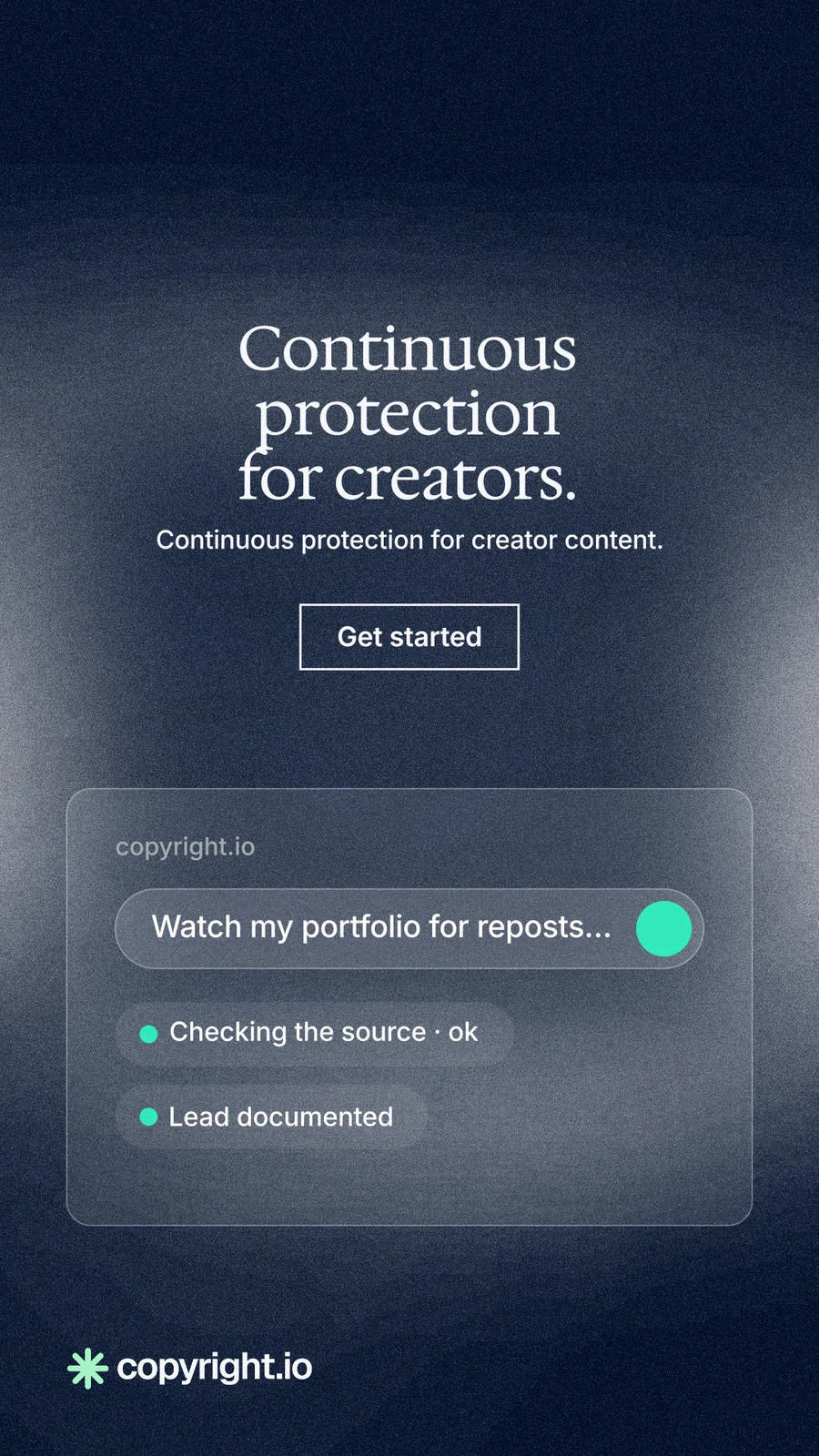 Instagram story for copyright.io: "Continuous protection for creators." Cyanotype style, centred layout, dark palette in black, blue, grey.
