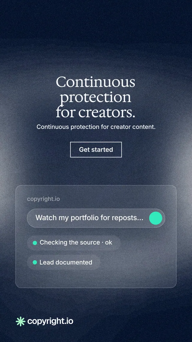 Instagram story for copyright.io: "Continuous protection for creators." Cyanotype style, centred layout, dark palette in black, blue, grey.