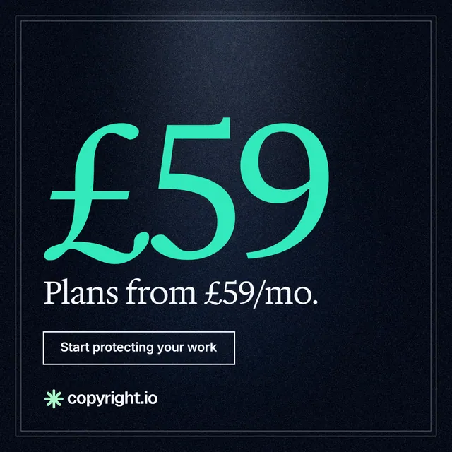 Instagram post for copyright.io: "See the plan before payment." Dark deco style, stat layout, dark palette in black, teal.