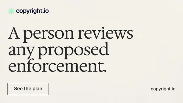 Landscape graphic for copyright.io: "A person reviews any proposed enforcement." Editorial style, poster layout, light palette in white, grey.