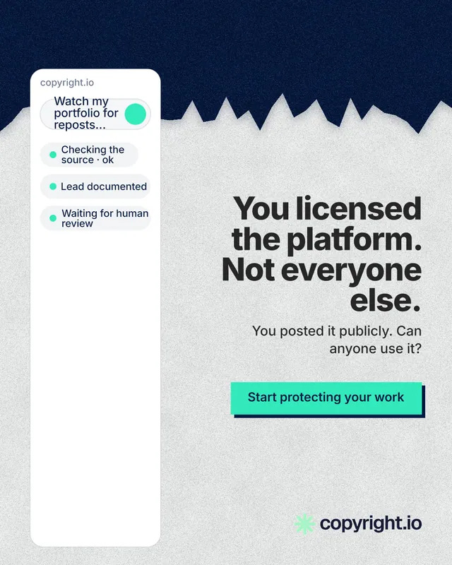 Instagram portrait post for copyright.io: "You licensed the platform. Not everyone else." Paper trio style, right layout, light palette in white, blue.