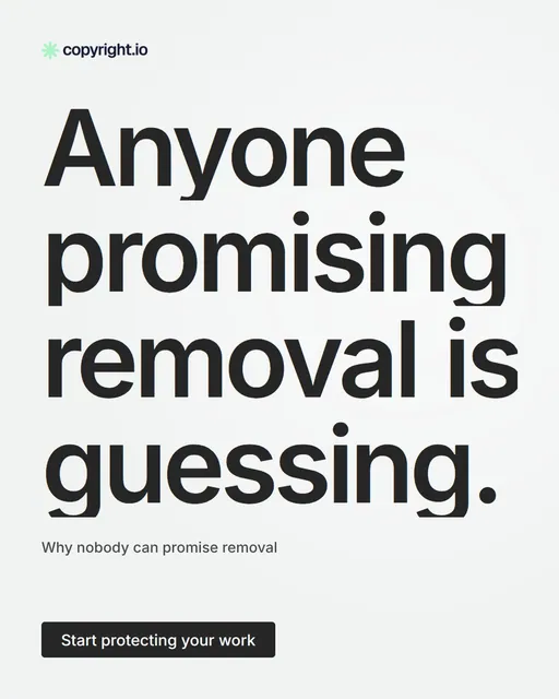 Video for copyright.io: "Anyone promising removal is guessing.". Doc motion loop, 7.0 s, light palette.