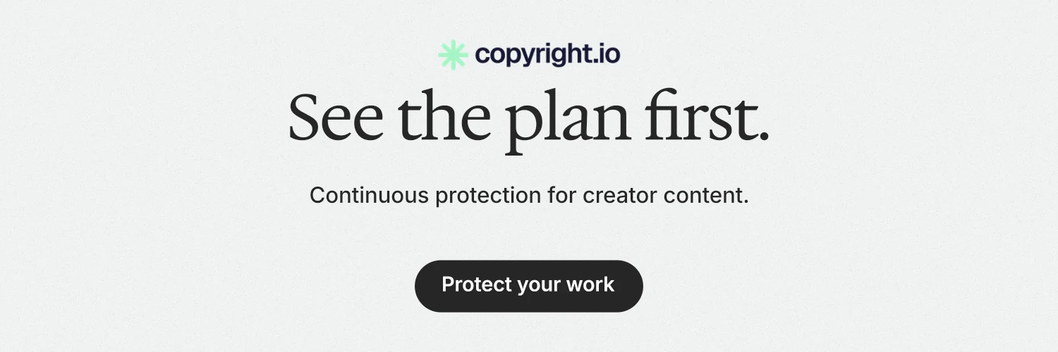 X header for copyright.io: "See the plan first." Data card style, centred layout, light palette in white.