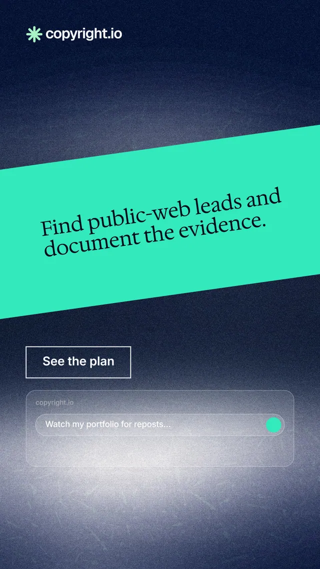 Instagram story for copyright.io: "Find public-web leads and document the evidence." Cyanotype style, diagonal layout, dark palette in teal, blue, grey.