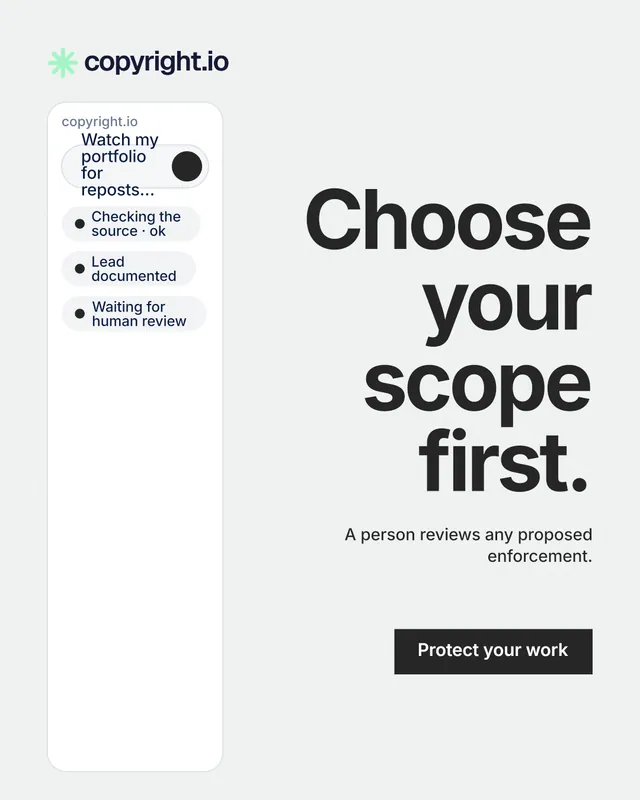 Instagram portrait post for copyright.io: "Choose your scope first." Swiss style, right layout, light palette in white, grey.