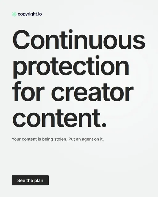 Video for copyright.io: "Continuous protection for creator content.". Doc motion loop, 8.0 s, light palette.