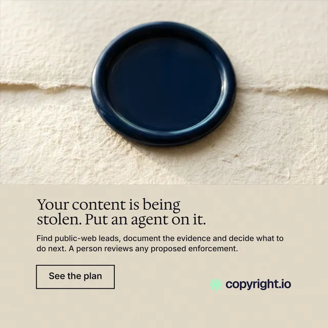 Instagram post for copyright.io: "Your content is being stolen. Put an agent on it." Editorial style, bottom layout, light palette in orange, yellow, grey.