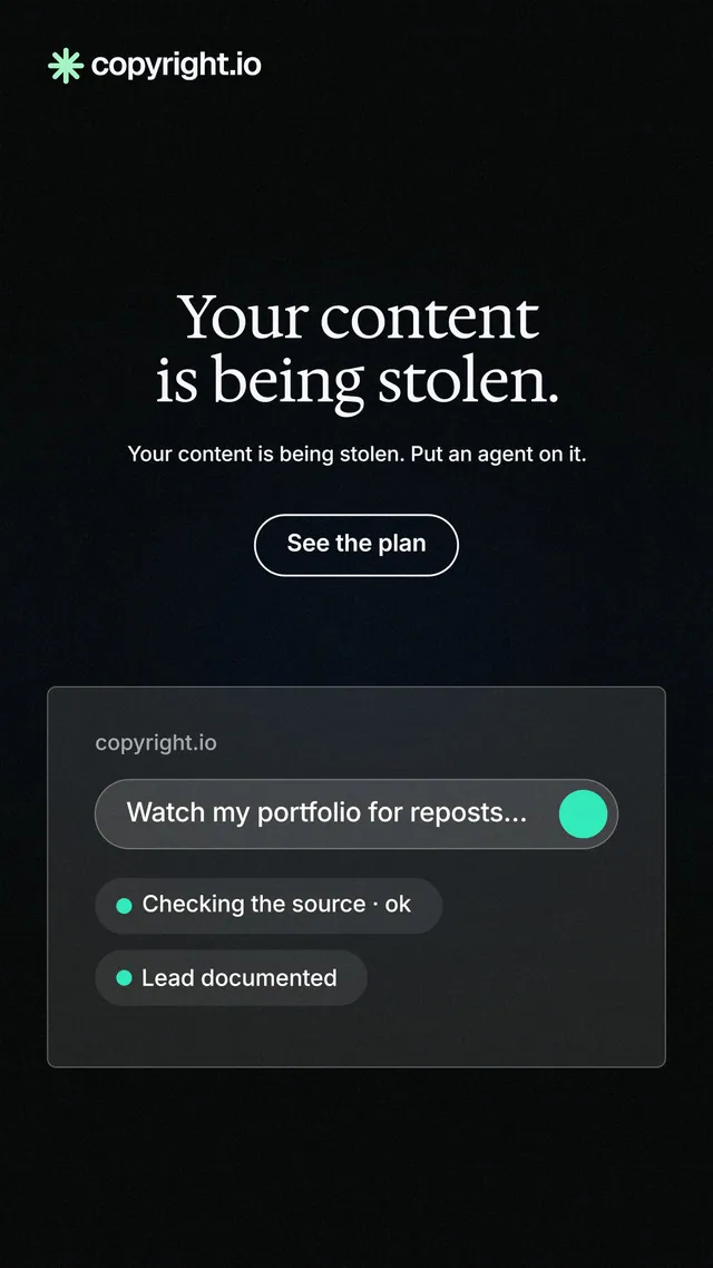 Instagram story for copyright.io: "Your content is being stolen." Phosphor atlas style, centred layout, dark palette in black.