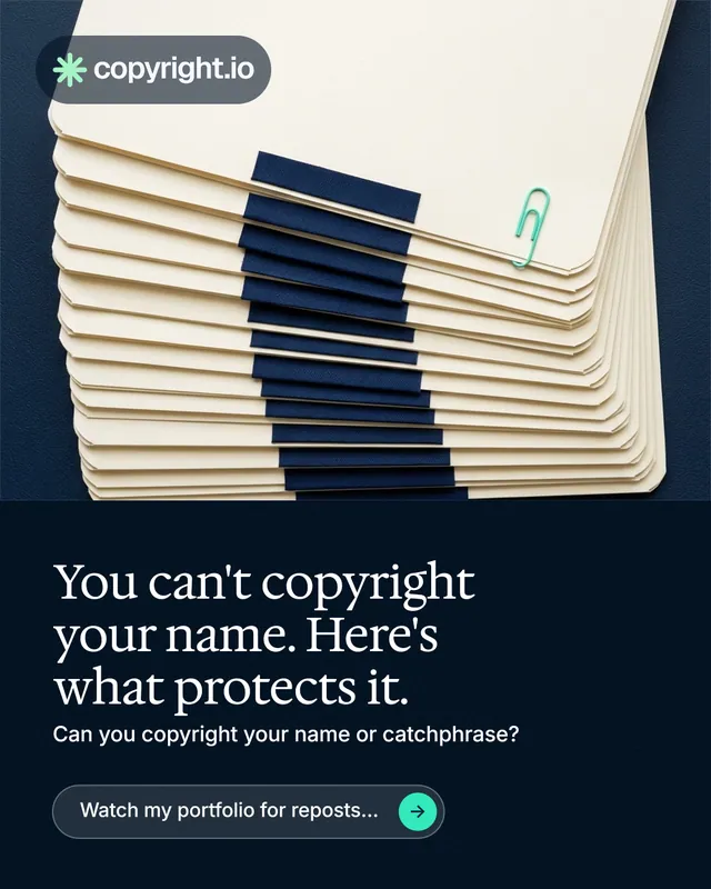 Instagram portrait post for copyright.io: "You can't copyright your name. Here's what protects it." Agentic glass style, bottom layout, dark palette in yellow, black, blue.