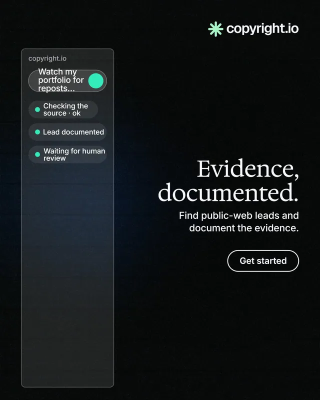Instagram portrait post for copyright.io: "Evidence, documented." Phosphor atlas style, right layout, dark palette in black, grey.