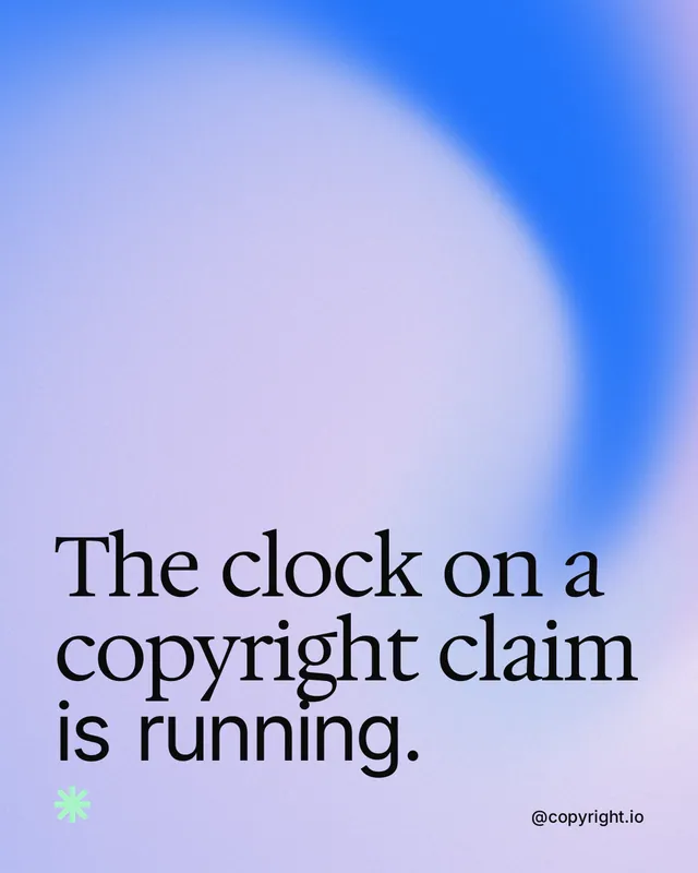 Instagram portrait post for copyright.io: "The clock on a copyright claim is running." Auto 4x5 style, technique:shader field layout, light palette in blue.