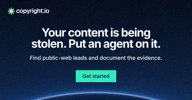 Social ad for copyright.io: "Your content is being stolen. Put an agent on it." Swiss style, centred layout, dark palette in blue, black.