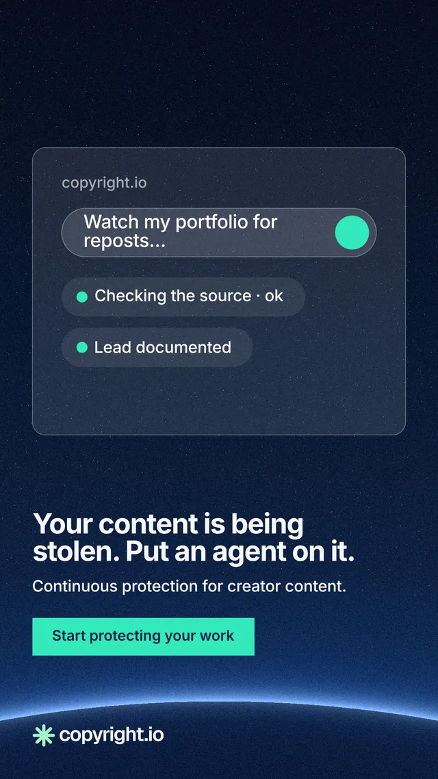 Instagram story for copyright.io: "Your content is being stolen. Put an agent on it." Swiss style, bottom layout, dark palette in blue, black.