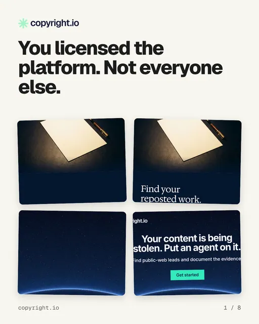 Carousel for copyright.io: "You licensed the platform. Not everyone else.". Collection carousel, 8 slides, light palette.
